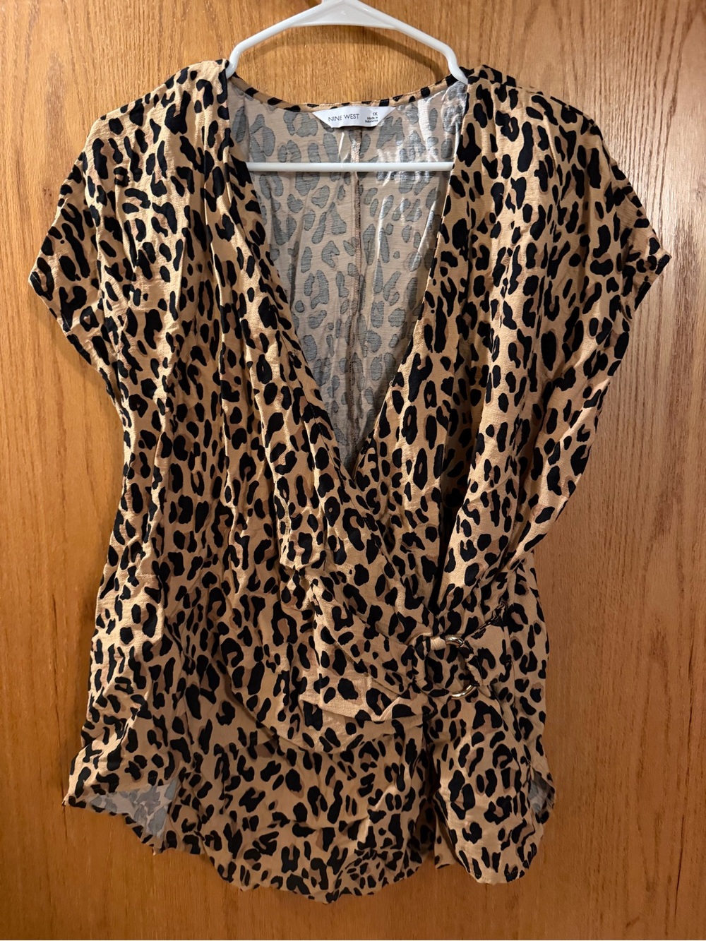 Nine West Tan and Black Leopard-Print Wrap Blouse